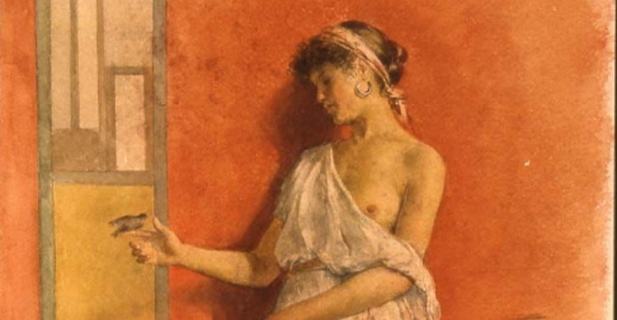 Augusto Bompiani, Figura pompeiana/al verso: Schizzo di figura, 1901, acquerello su carta, inv. AM 151.