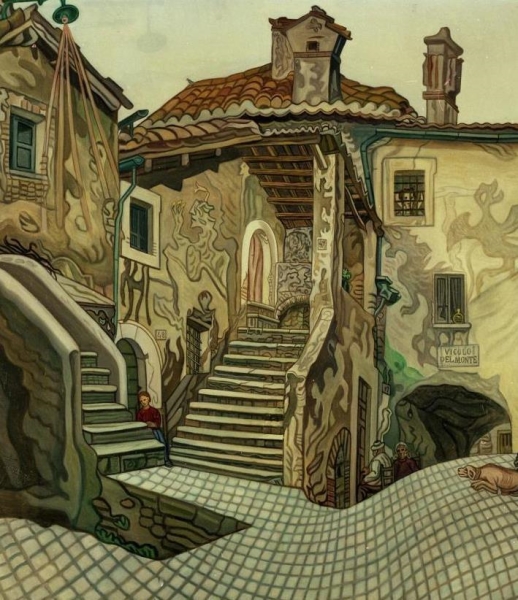 Benvenuto Ferrazzi, Via Fori- Paesaggio al vicolo dei Delfini, 1959, olio su tela