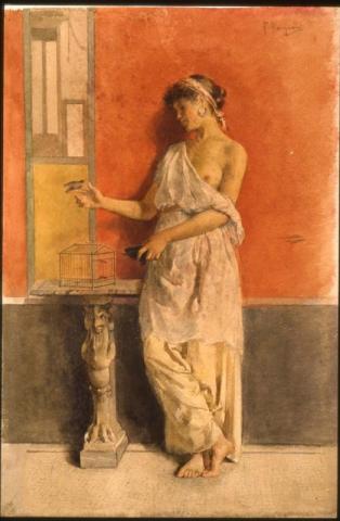 Augusto Bompiani, Figura pompeiana/al verso: Schizzo di figura, 1901, acquerello su carta, inv. AM 151